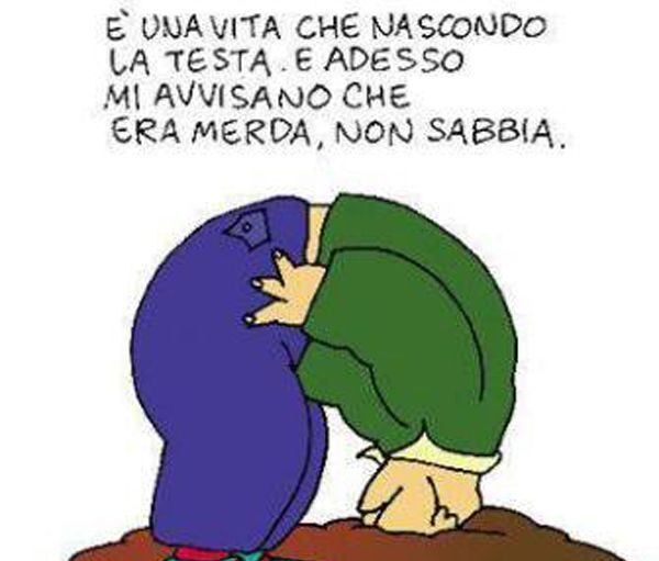 Cartoon of a person in green bending forward, head buried in a dirt mound, with Italian caption about hiding one's head (humorous).