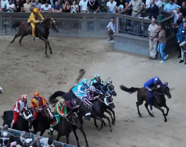 Jockeys in colorful silks race around a dirt track as a crowd watches from the stands.